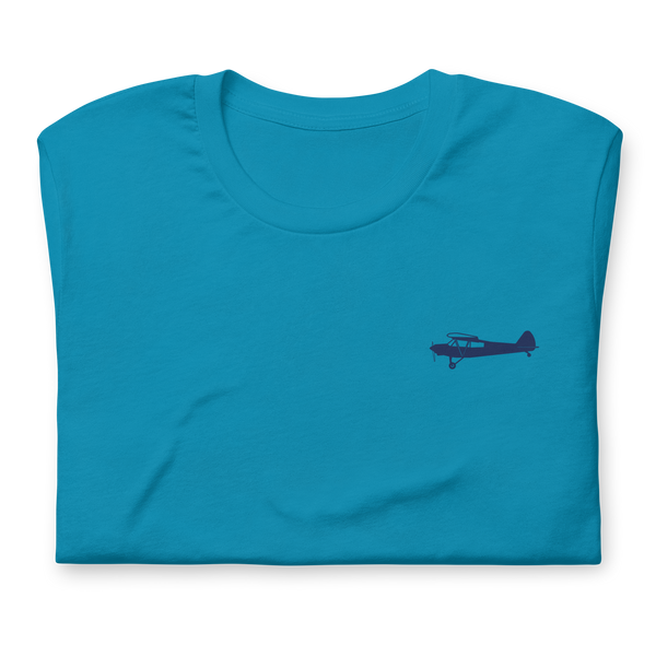 Pilots shirts: Navy blue Super Cub design positioned on the left breast of an aqua t-shirt.