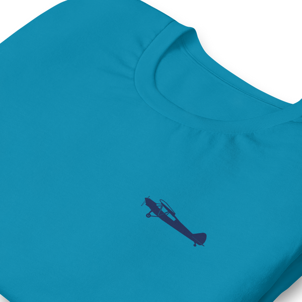 Pilots shirts: Navy blue Super Cub design positioned on the left breast of an aqua  t-shirt.