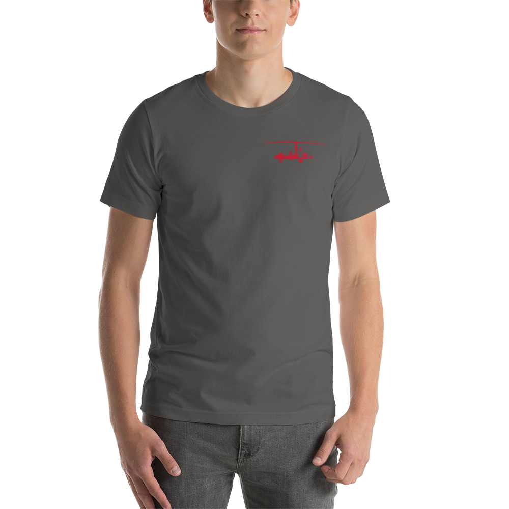 Pilots' wear : Red gyrocopter printed design positioned on the left breast of a grey asphalt t-shirt.