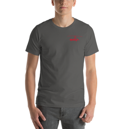 Pilots' wear : Red gyrocopter printed design positioned on the left breast of a grey asphalt t-shirt.