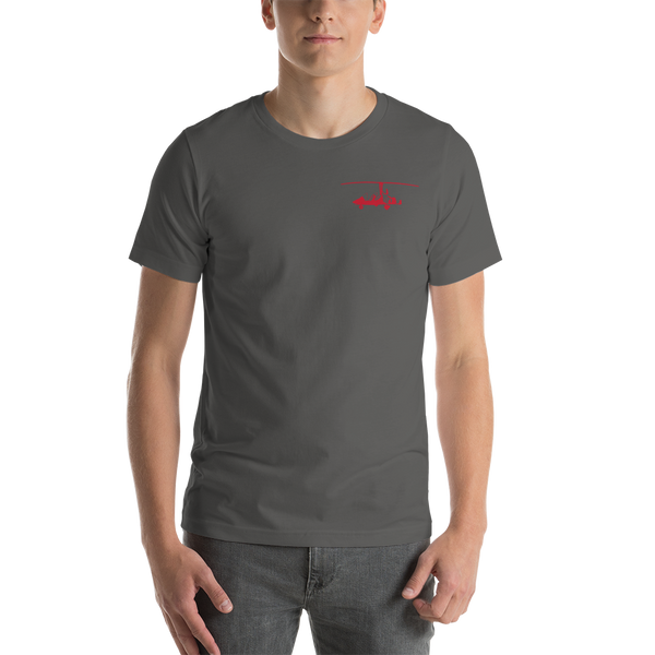 Pilots' wear : Red gyrocopter printed design positioned on the left breast of a grey asphalt t-shirt.