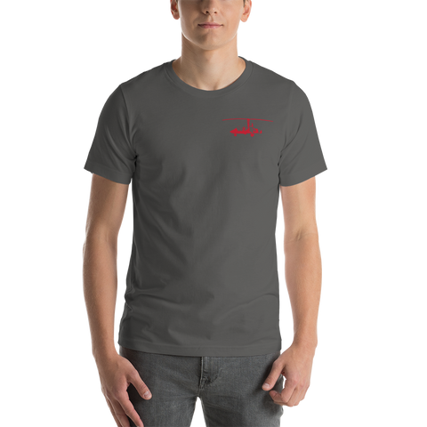 Pilots' wear : Red gyrocopter printed design positioned on the left breast of a grey asphalt t-shirt.