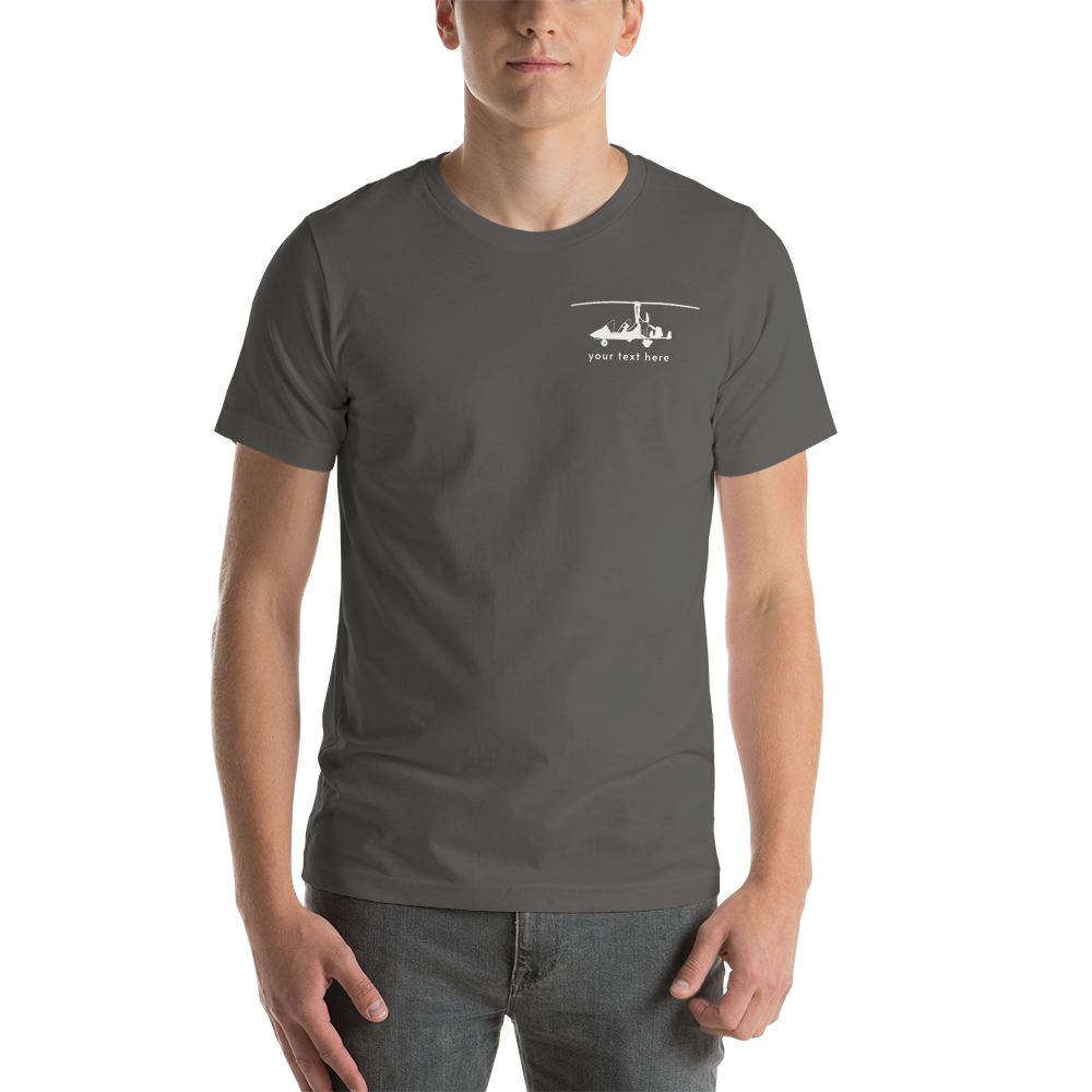 Pilots' wear : White gyrocopter customizable design positioned on the left breast of a grey asphalt t-shirt.