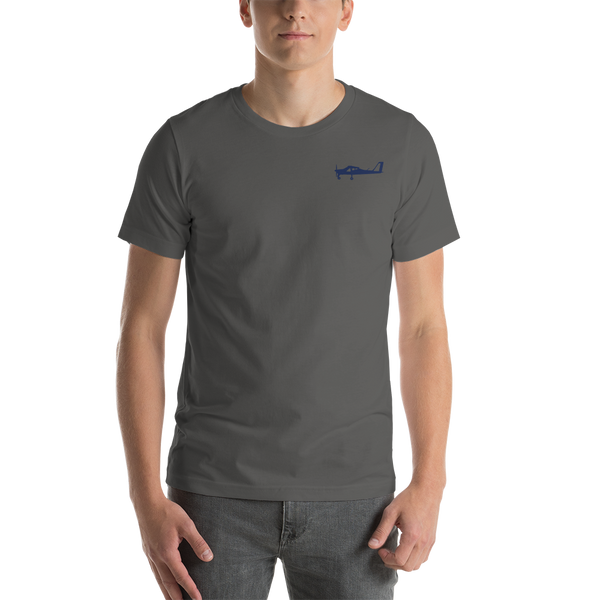 Navy blue Tecnam P92 aircraft printed design placed on the left breast of an asphalt colour  t- shirt.