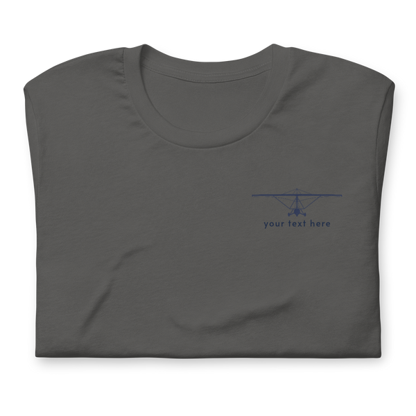 Pilot Shirts: Navy blue customizable weight shift aircraft design placed on the left breast of a grey asphalt t-shirt.