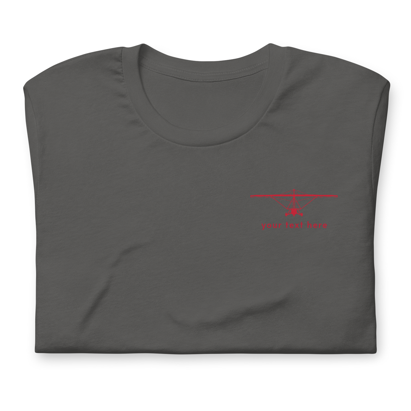 Pilot Shirts: Red customizable weight shift aircraft design placed on the left breast of an asphalt grey  t-shirt.