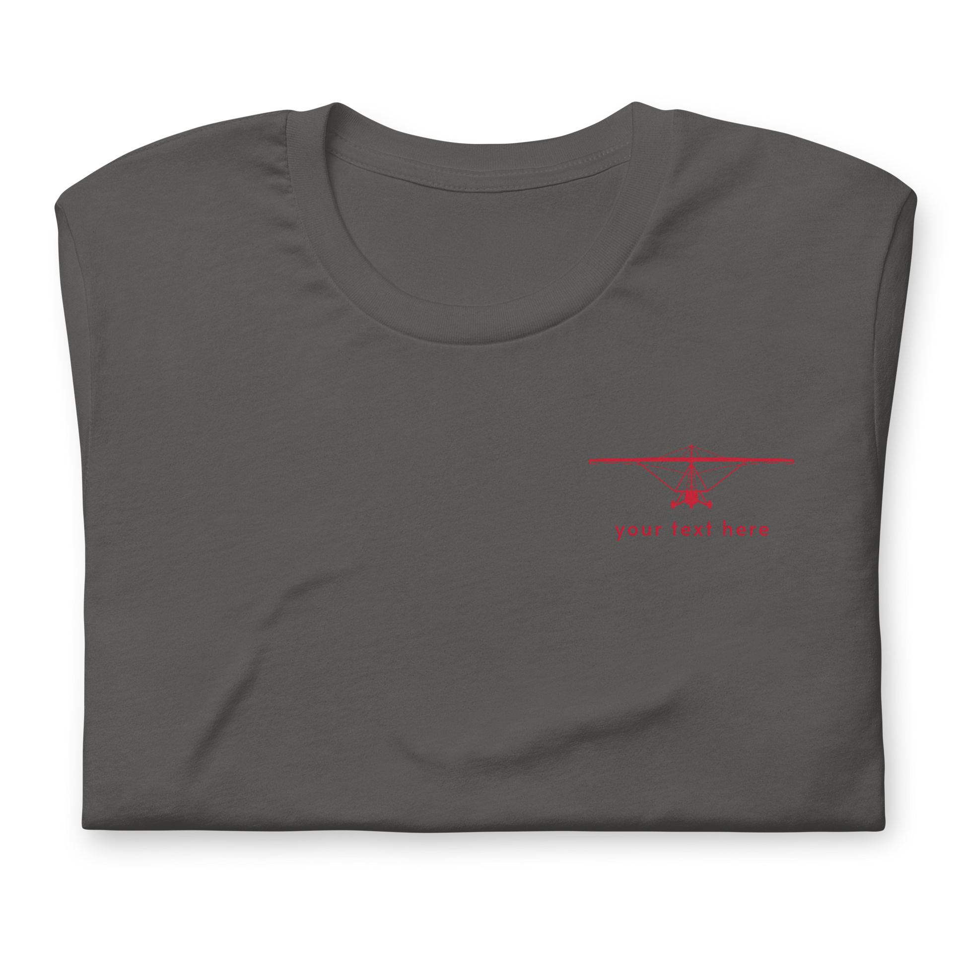 Pilot Shirts: Red customizable weight shift aircraft design placed on the left breast of an asphalt grey  t-shirt.