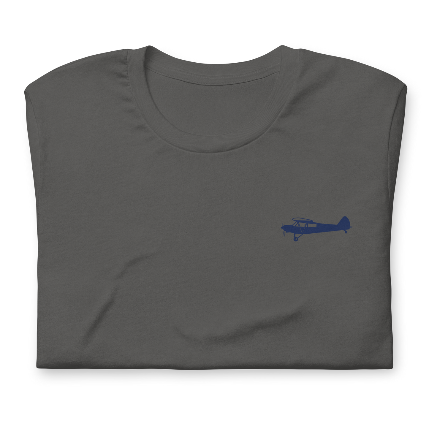 Pilots shirts: Navy blue Super Cub design positioned on the left breast of a asphalt t-shirt.