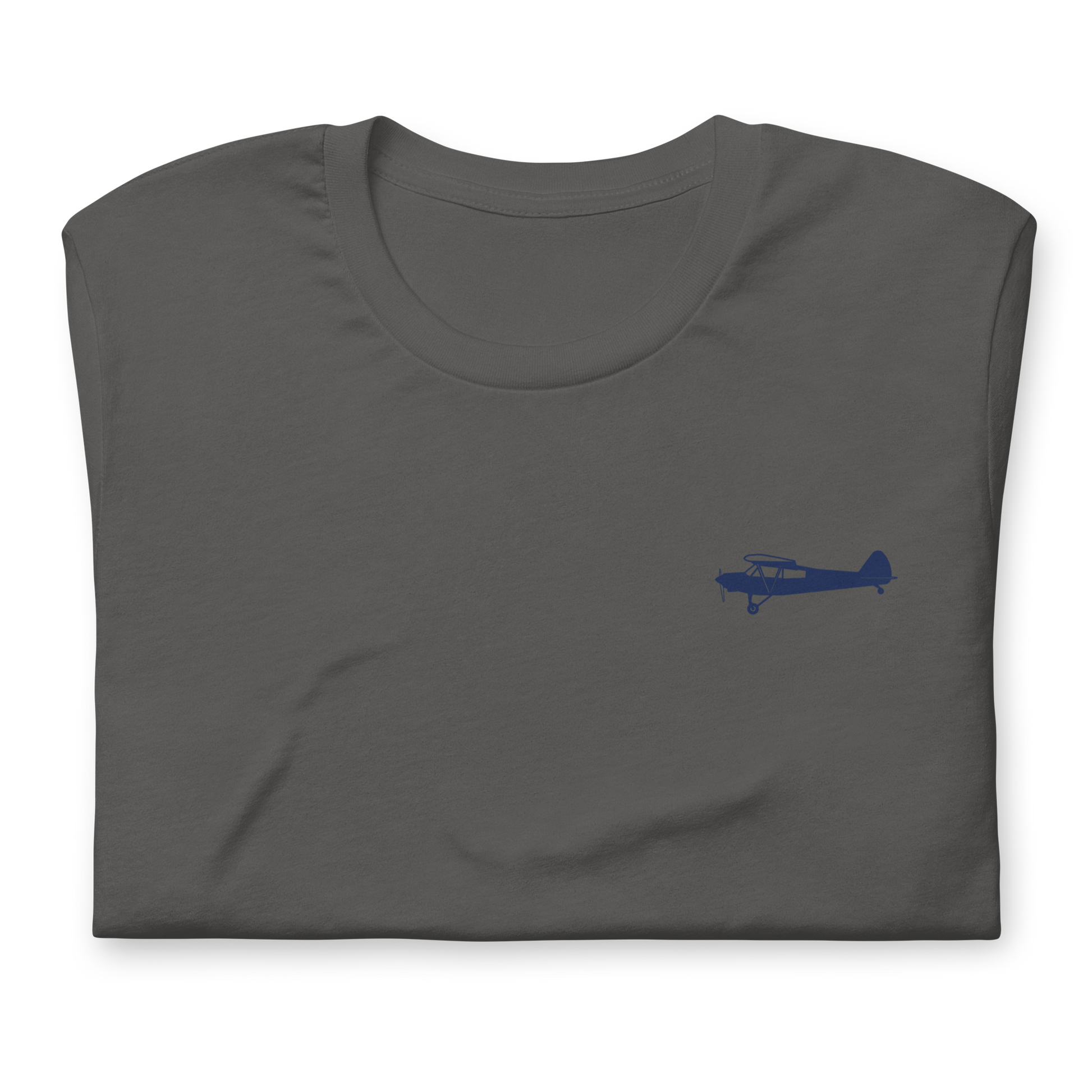 Pilots shirts: Navy blue Super Cub design positioned on the left breast of a asphalt t-shirt.