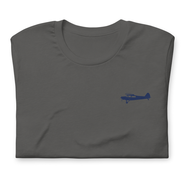 Pilots shirts: Navy blue Super Cub design positioned on the left breast of a asphalt t-shirt.