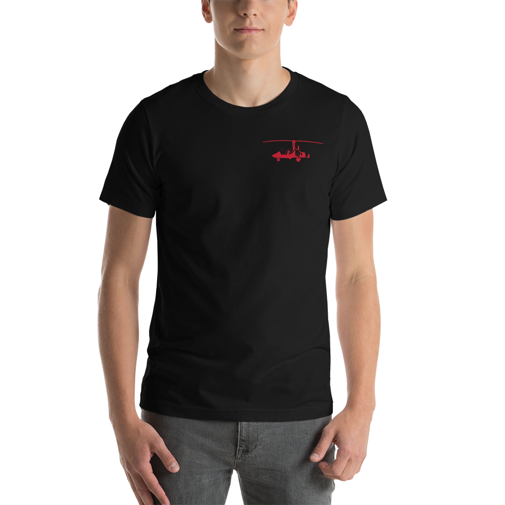 Pilots' wear : Red gyrocopter printed design positioned on the left breast of a blck t- shirt.