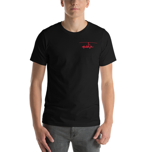 Pilots' wear : Red gyrocopter printed design positioned on the left breast of a blck t- shirt.