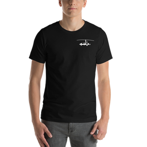 Pilots' wear : White gyrocopter printed design positioned on the left breast of a black t- shirt.