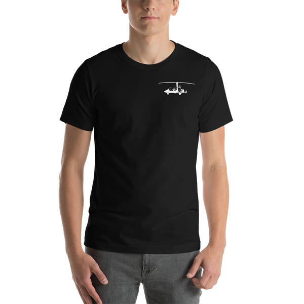 Pilots' wear : White gyrocopter printed design positioned on the left breast of a black t- shirt.