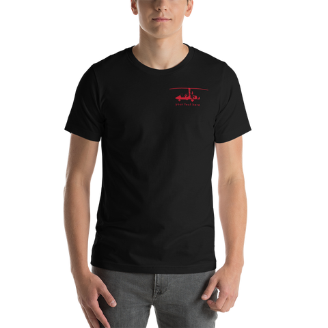 Pilots' wear : Red gyrocopter customizable design positioned on the left breast of a black t-shirt.