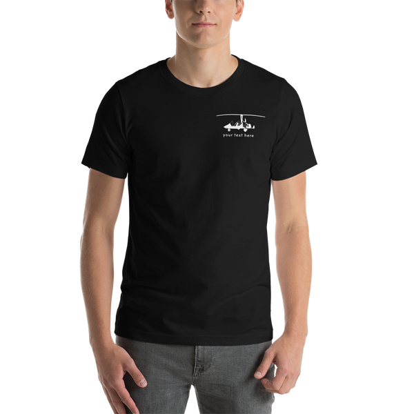 Pilots' wear : White gyrocopter customizable design positioned on the left breast of a black t-shirt.