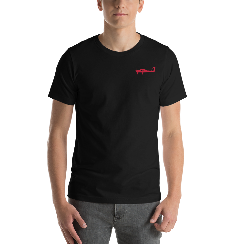 Red Tecnam P92 aircraft printed design placed on the left breast of a black t- shirt.