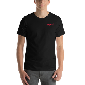 Red Tecnam P92 aircraft printed design placed on the left breast of a black t- shirt.