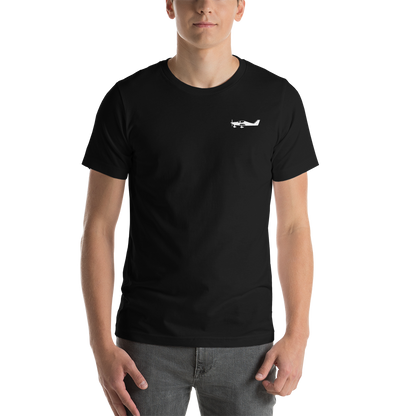 White Tecnam Astore aircraft design placed on the left breast of a black colour t-shirt.