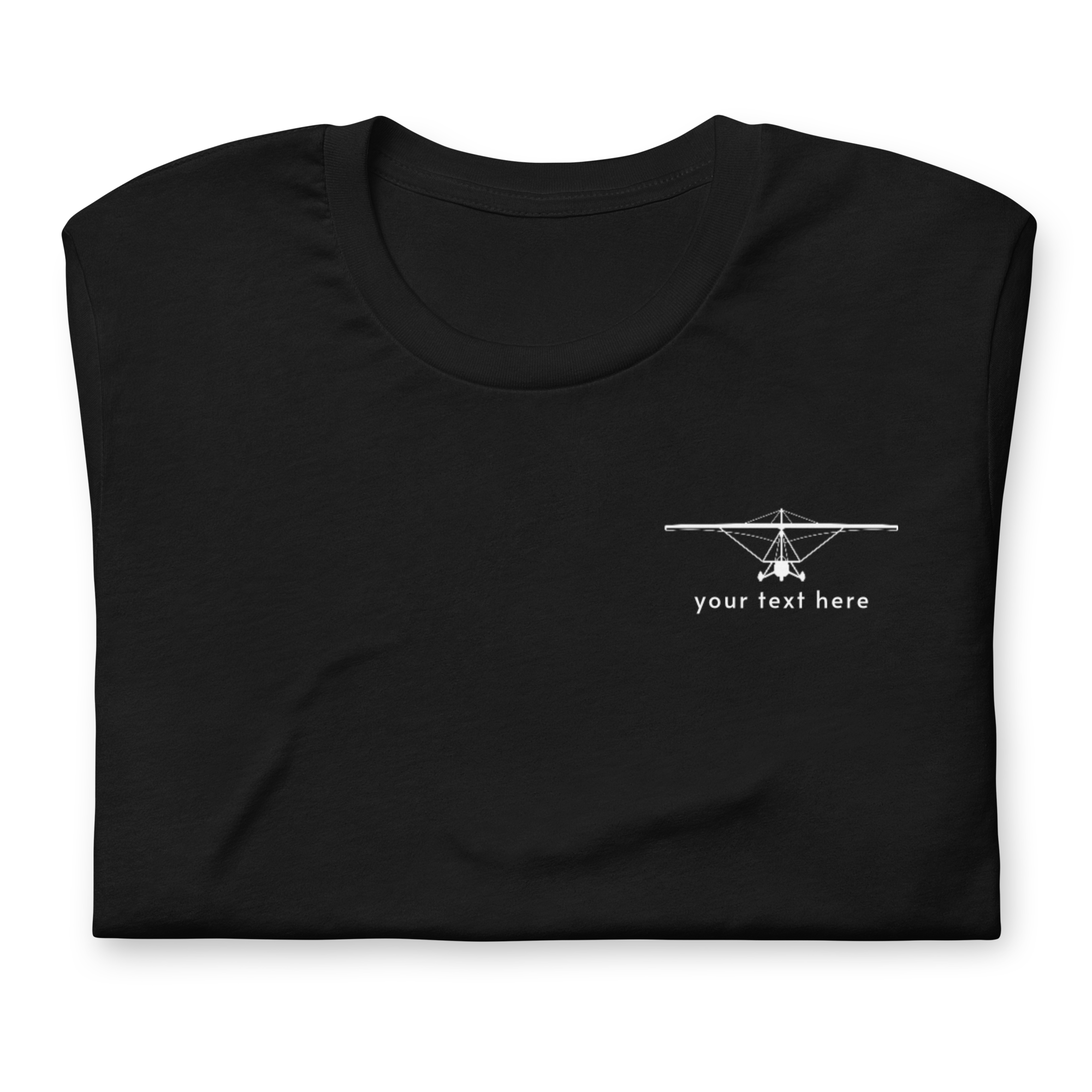 Pilot Shirts: White customizable weight shift aircraft design placed on the left breast of a black t-shirt.