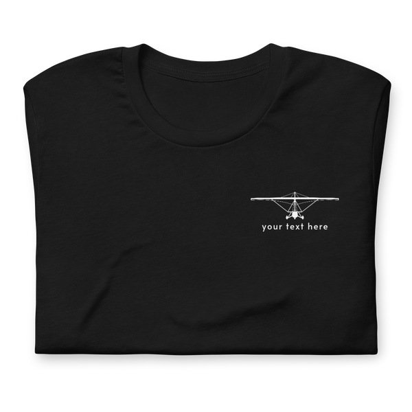 Pilot Shirts: White customizable weight shift aircraft design placed on the left breast of a black t-shirt.