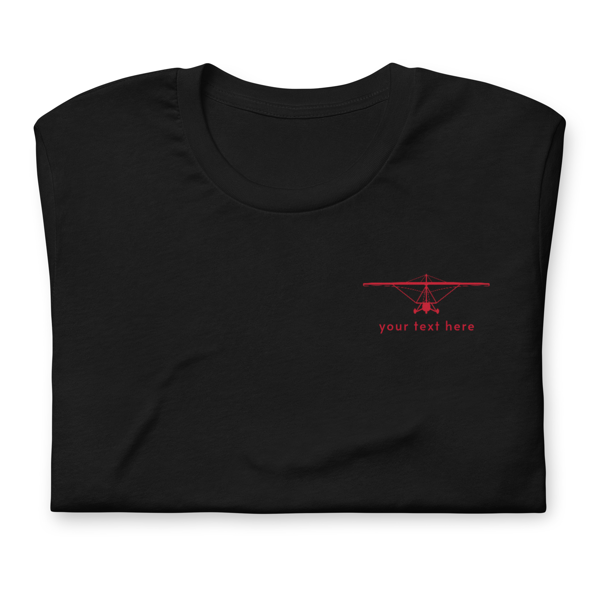 Pilot Shirts: Red customizable weight shift aircraft design placed on the left breast of a black t-shirt.