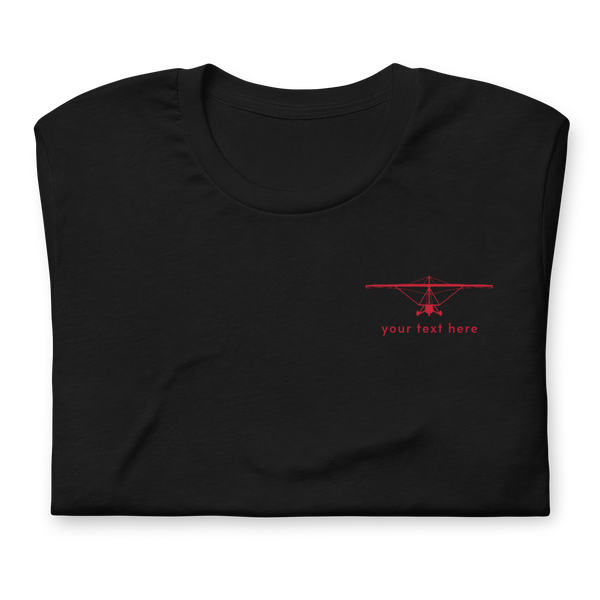 Pilot Shirts: Red customizable weight shift aircraft design placed on the left breast of a black t-shirt.