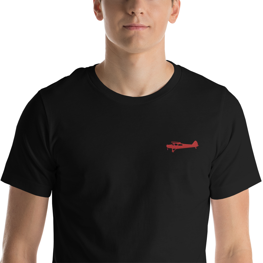 Pilots shirts: Red Super Cub design positioned on the left breast of a black t-shirt.