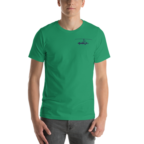 Pilots' wear : Navy blue gyrocopter printed design positioned on the left breast of a Kelly green t- shirt.