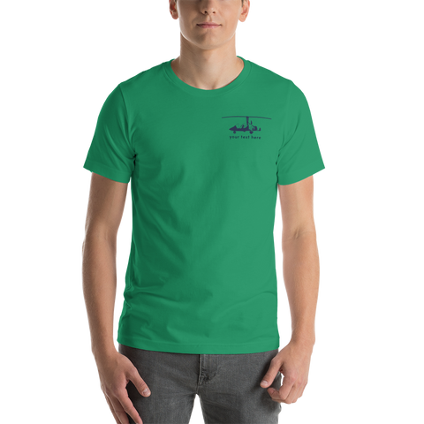 Pilots' wear : Navy blue gyrocopter customizable design  positioned on the left breast of a Kelly green t-shirt.