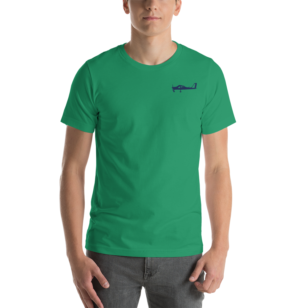 Navy blue Tecnam P92 aircraft printed design placed on the left breast of a kelly green t- shirt.