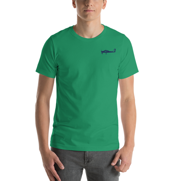 Navy blue Tecnam P92 aircraft printed design placed on the left breast of a kelly green t- shirt.