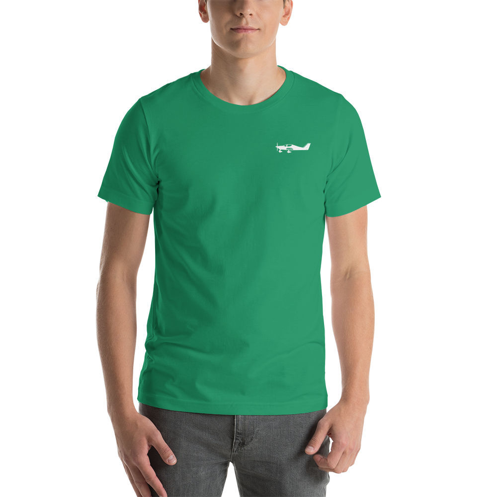 White Tecnam Astore aircraft design placed on the left breast of a kelly green colour t-shirt.