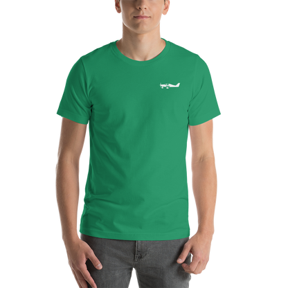 White Tecnam Astore aircraft design placed on the left breast of a kelly green colour t-shirt.