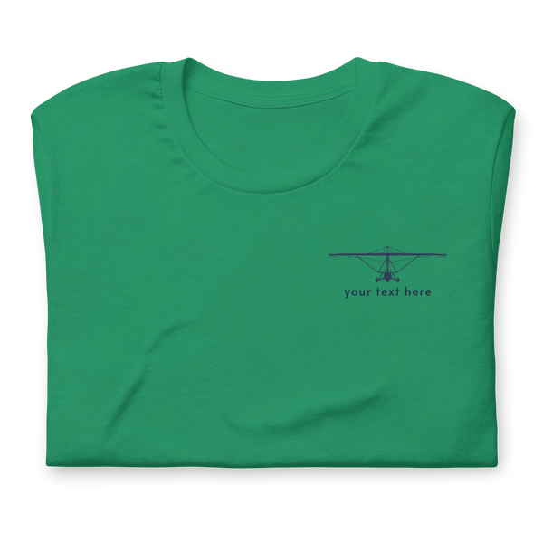 Pilot Shirts: Navy blue customizable weight shift aircraft design placed on the left breast of a Kelly green t-shirt.