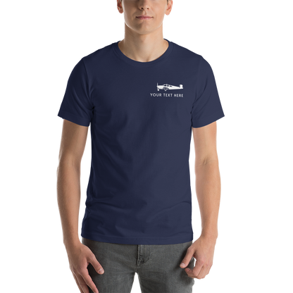 white Beechraft aircraft design on a navy blue t-shirt