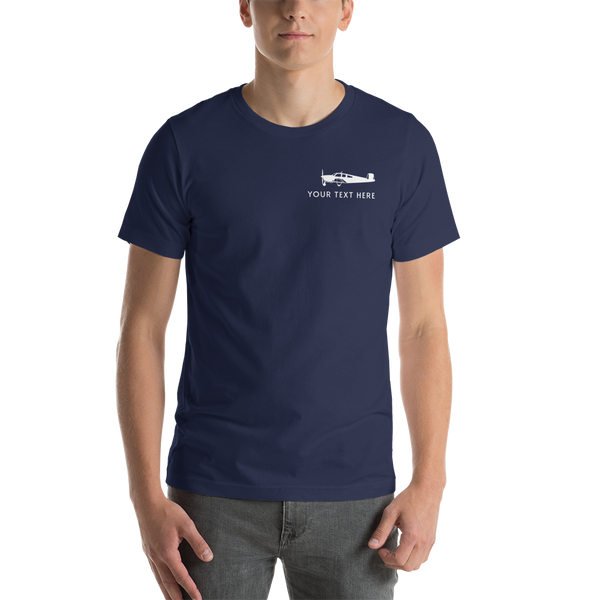 white Beechraft aircraft design on a navy blue t-shirt