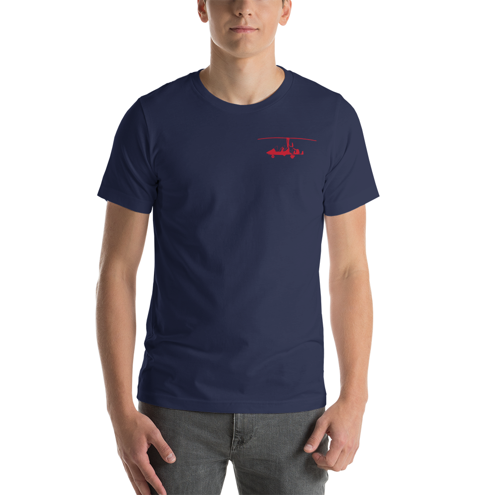 Pilots' wear : Red gyrocopter printed design positioned on the left breast of a navy blue t- shirt.