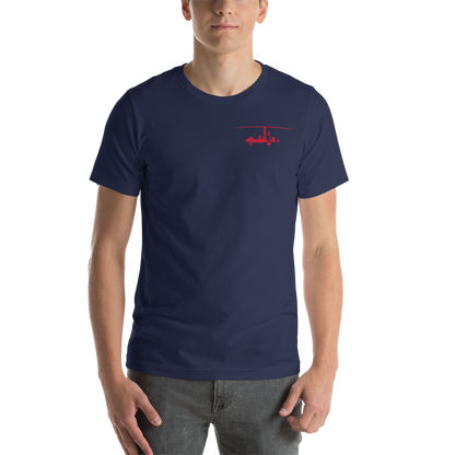 Pilots' wear : Red gyrocopter printed design positioned on the left breast of a navy blue t- shirt.