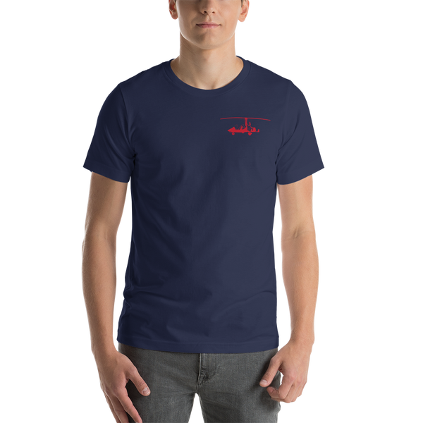 Pilots' wear : Red gyrocopter printed design positioned on the left breast of a navy blue t- shirt.