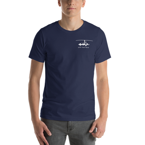 Pilots' wear : White gyrocopter customizable design positioned on the left breast of a navy blue t-shirt.