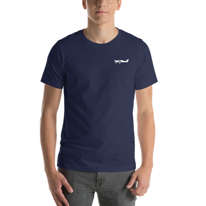 White Tecnam Astore aircraft design placed on the left breast of a navy blue colour t-shirt.