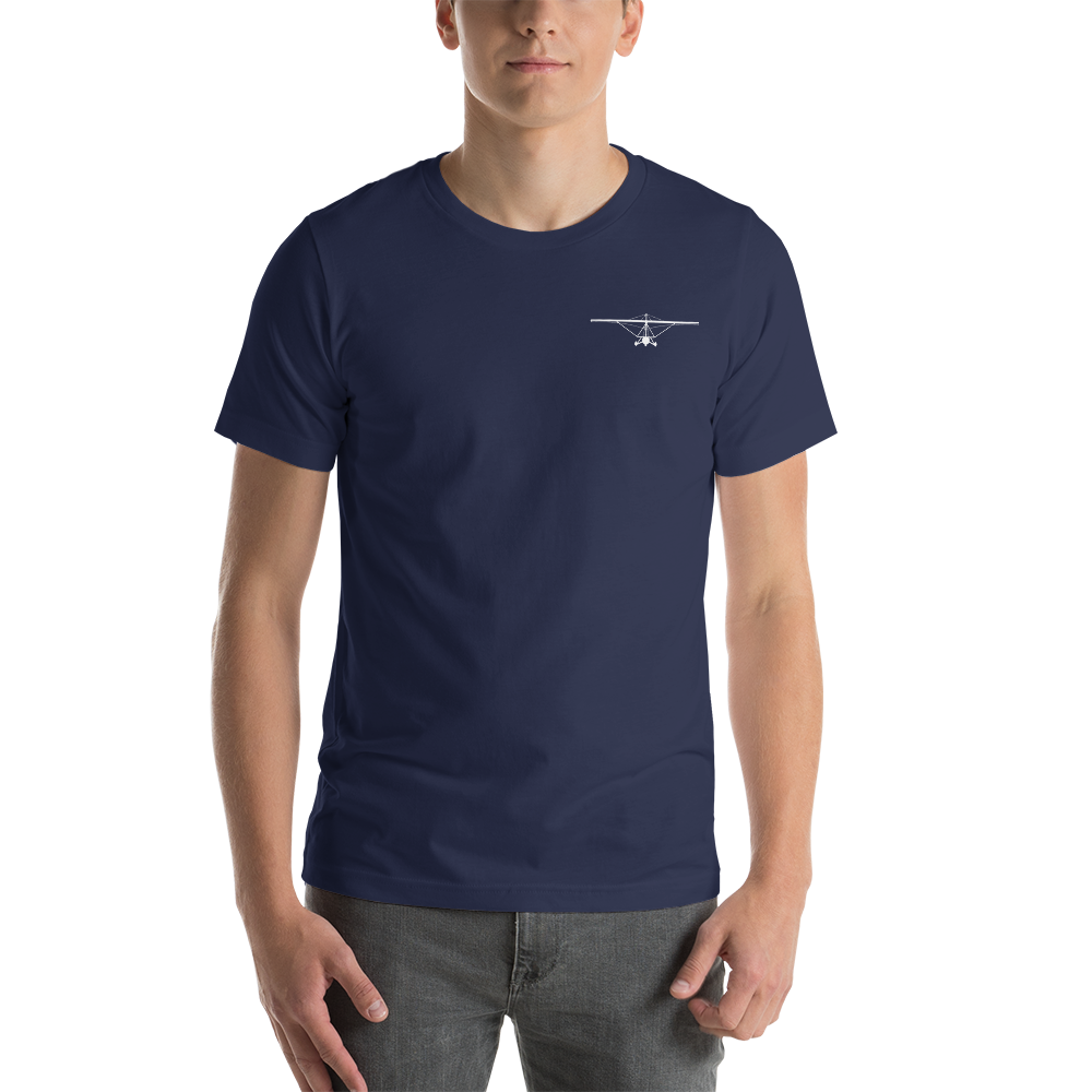 Pilot Shirts: White printed weight shift aircraft design placed on the left breast of a navy blue t-shirt.