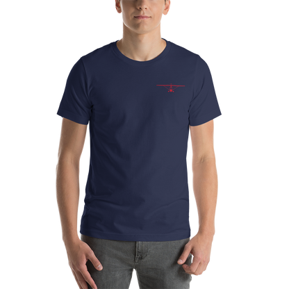 Pilot Shirts: Red printed weight shift aircraft design placed on the left breast of a navy blue t-shirt.