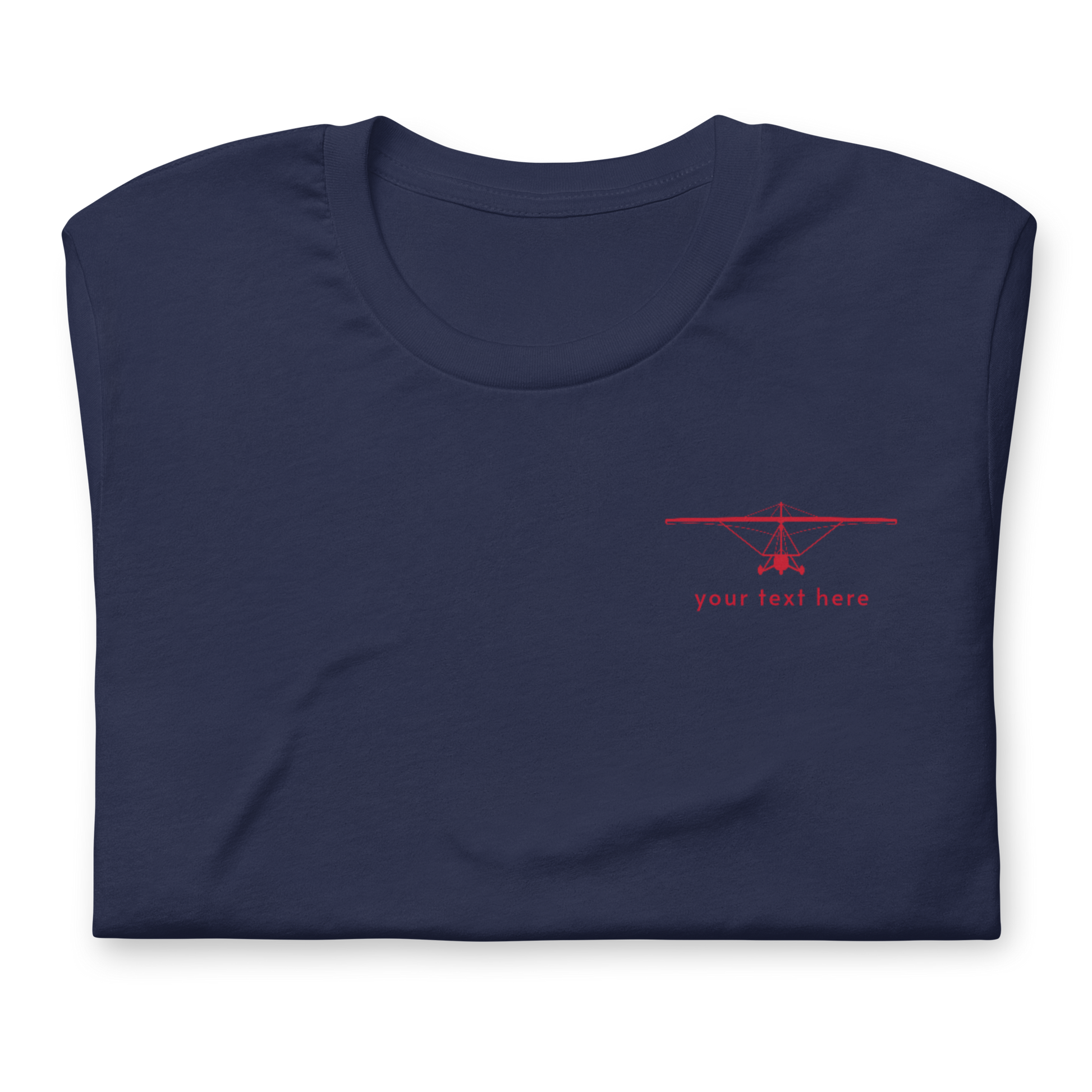 Pilot Shirts: Red customizable weight shift aircraft design placed on the left breast of a navy blue t-shirt.