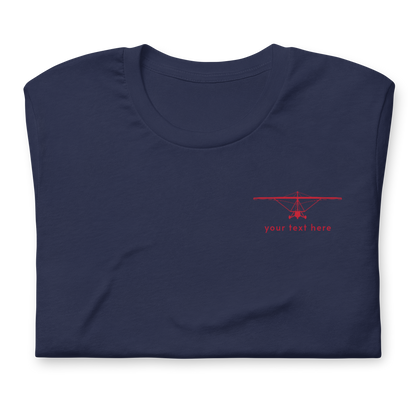 Pilot Shirts: Red customizable weight shift aircraft design placed on the left breast of a navy blue t-shirt.