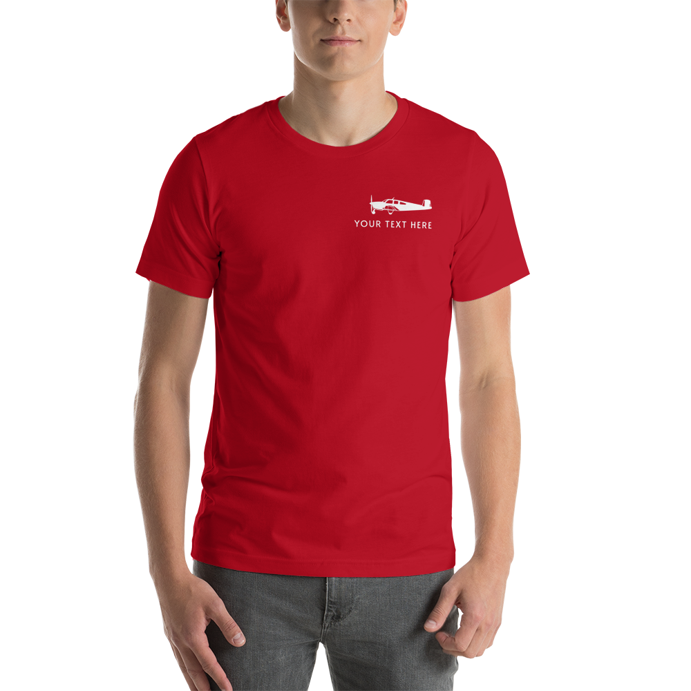 white Beechcraft aircraft design on red t-shirt