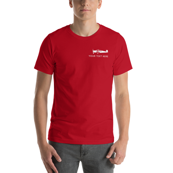 white Beechcraft aircraft design on red t-shirt