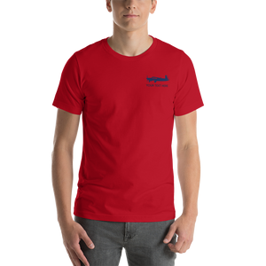 Mooney Pilots navy blue design on red tshirt