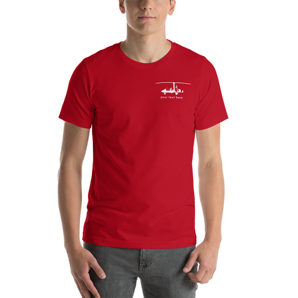 Pilots' wear : White gyrocopter customizable design positioned on the left breast of a red t-shirt.